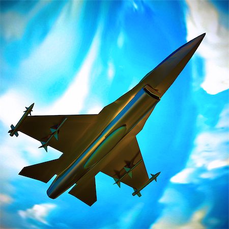 Fighter jet loaded with missiles flying against a blue sky Stock Photo - Budget Royalty-Free & Subscription, Code: 400-08669843