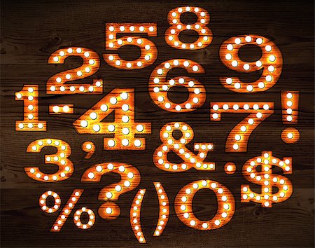 simsearch:400-07679281,k - Vector of numbers and symbols in retro style old lamp alphabet for light board on wood background. Foto de stock - Royalty-Free Super Valor e Assinatura, Número: 400-08669936