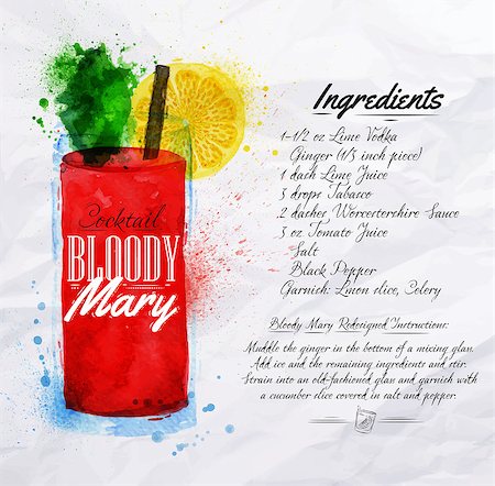 party beverage sketches - Bloody mary cocktails drawn watercolor blots and stains with a spray, including recipes and ingredients on the background of crumpled paper Stock Photo - Budget Royalty-Free & Subscription, Code: 400-08669945