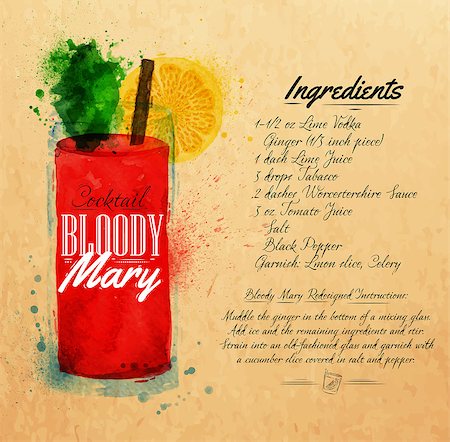 party beverage sketches - Bloody mary cocktails drawn watercolor blots and stains with a spray, including recipes and ingredients on the background of kraft Stock Photo - Budget Royalty-Free & Subscription, Code: 400-08669946