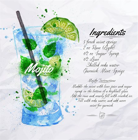 party beverage sketches - Mojito cocktails drawn watercolor blots and stains with a spray, including recipes and ingredients on the background of crumpled paper Stock Photo - Budget Royalty-Free & Subscription, Code: 400-08669947