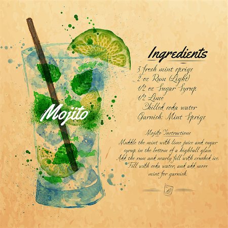 party beverage sketches - Mojito cocktails drawn watercolor blots and stains with a spray, including recipes and ingredients on the background of kraft Stock Photo - Budget Royalty-Free & Subscription, Code: 400-08669948