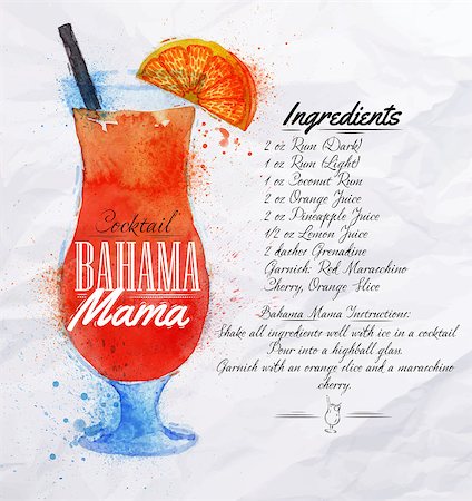 Bahama mama cocktails drawn watercolor blots and stains with a spray, including recipes and ingredients on the background of crumpled paper Stock Photo - Budget Royalty-Free & Subscription, Code: 400-08669941