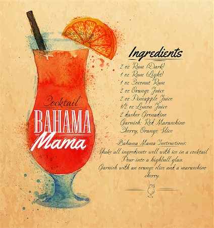 Bahama mama cocktails drawn watercolor blots and stains with a spray, including recipes and ingredients on the background of kraft Stock Photo - Budget Royalty-Free & Subscription, Code: 400-08669942