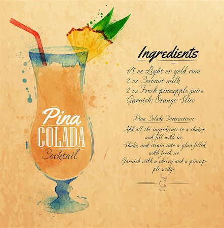 party beverage sketches - Pina colada cocktails drawn watercolor blots and stains with a spray, including recipes and ingredients on the background of kraft Stock Photo - Budget Royalty-Free & Subscription, Code: 400-08669954