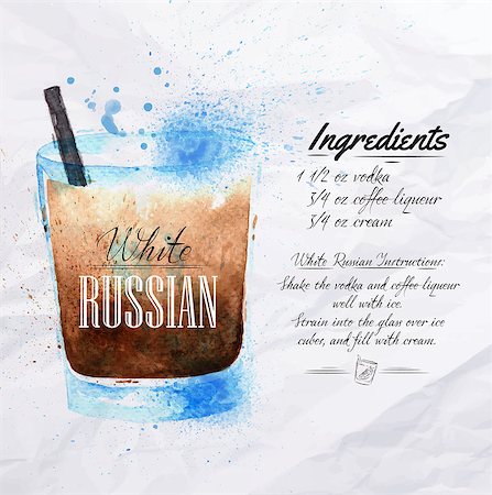party beverage sketches - White  Russian cocktails drawn watercolor blots and stains with a spray, including recipes and ingredients on the background of crumpled paper Stock Photo - Budget Royalty-Free & Subscription, Code: 400-08669955