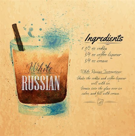 party beverage sketches - White  Russian cocktails drawn watercolor blots and stains with a spray, including recipes and ingredients on the background of kraft Stock Photo - Budget Royalty-Free & Subscription, Code: 400-08669957