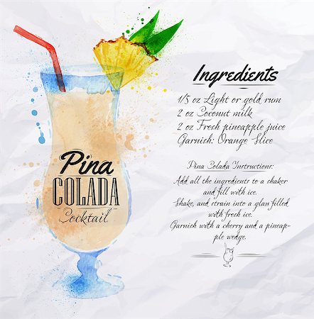 party beverage sketches - Pina colada cocktails drawn watercolor blots and stains with a spray, including recipes and ingredients on the background of crumpled paper Stock Photo - Budget Royalty-Free & Subscription, Code: 400-08669953