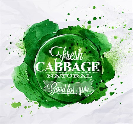 pic of cabbage for drawing - Poster with green watercolor cabbage lettering fresh cabbage natural good for yo Stock Photo - Budget Royalty-Free & Subscription, Code: 400-08669961