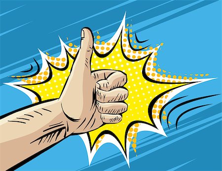 Like, Well, Fine, Hitchhiking journey Gesture. Pop art Comic retro style Vector Illustration. Imitation of old Comic Book art. Superhero hand on blue background Stock Photo - Budget Royalty-Free & Subscription, Code: 400-08674141