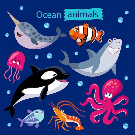 Vector set. Childish illustration of narwhal, whale, shark, jellyfish, shrimp, octopus, x-ray fish and clown fish. Stockbilder - Microstock & Abonnement, Bildnummer: 400-08674286