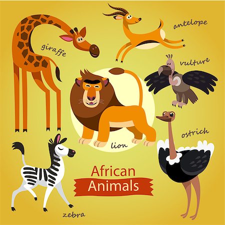 simsearch:400-08674283,k - Childish illustration in cartoon style: lion, giraffe, zebra, vulture, ostrich, antelope Stock Photo - Budget Royalty-Free & Subscription, Code: 400-08674282