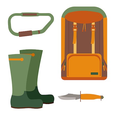 Hunting knife and backpack for trekking. Leisure and hiking, equipment for travel tourism, vector illustration Stock Photo - Budget Royalty-Free & Subscription, Code: 400-08674410