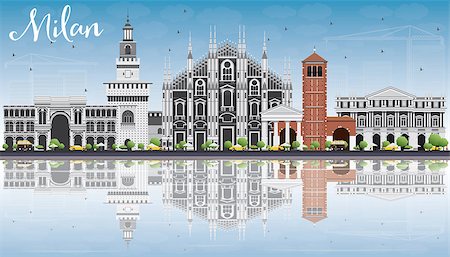 european city outline - Milan Skyline with Gray Landmarks, Blue Sky and Reflections. Vector Illustration. Business Travel and Tourism Concept with Historic Buildings. Image for Presentation Banner Placard and Web Site. Stock Photo - Budget Royalty-Free & Subscription, Code: 400-08674647