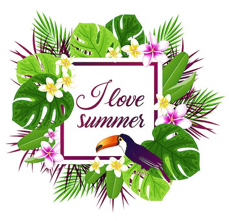 Floral frame with green tropical leaves, flowers and toucan. Vector banner with "I love summer" lettering. Foto de stock - Super Valor sin royalties y Suscripción, Código: 400-08674768