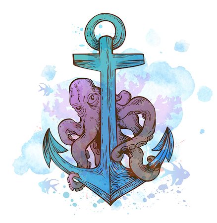 Vintage hand drawn vector anchor and octopus on a blue watercolor background. Stock Photo - Budget Royalty-Free & Subscription, Code: 400-08674761