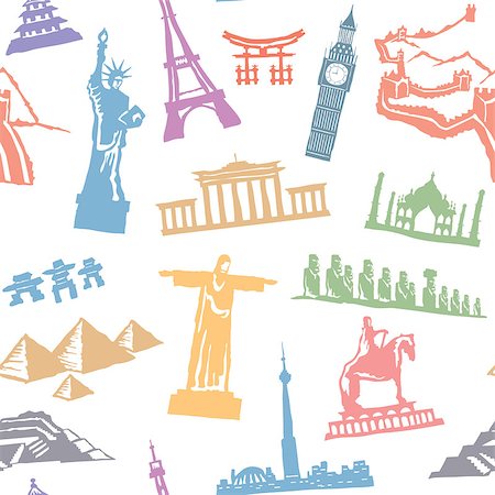 Seamless travel pattern. Vector background with monuments from all over the world Stock Photo - Budget Royalty-Free & Subscription, Code: 400-08675074
