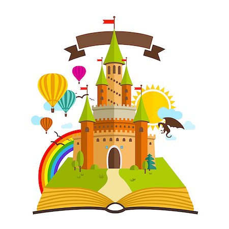 simsearch:400-05268458,k - Fairy Tale castle. Vector Illustration with Book, dragon, sun, clouds, Baloons and Rainbow Stock Photo - Budget Royalty-Free & Subscription, Code: 400-08675104