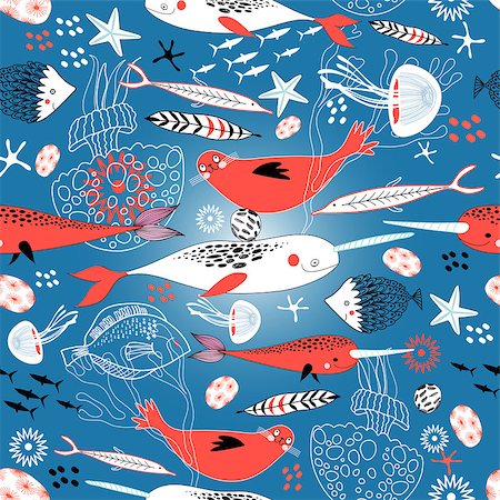 Marine seamless pattern with seals and whales on a blue background Stockbilder - Microstock & Abonnement, Bildnummer: 400-08675121