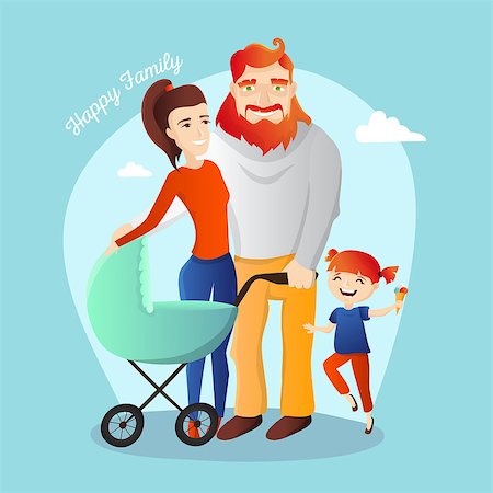 Vector family illustration. Happy parents with daughter and newborn child in the cradle. Stock Photo - Budget Royalty-Free & Subscription, Code: 400-08675305