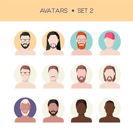 simsearch:400-08256257,k - Vector set of avatars, men faces flat style, abstract face icons with different hairstyles, male characters Stock Photo - Budget Royalty-Free & Subscription, Code: 400-08675377