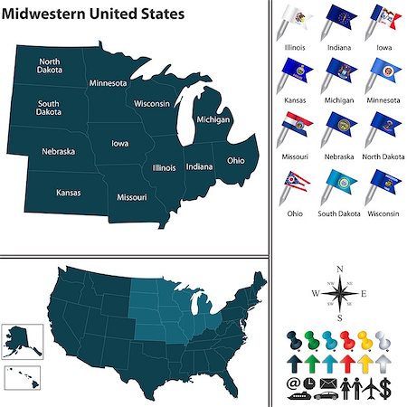 simsearch:400-08343837,k - Vector set of Midwestern United States with flags and map on white background Foto de stock - Super Valor sin royalties y Suscripción, Código: 400-08675519