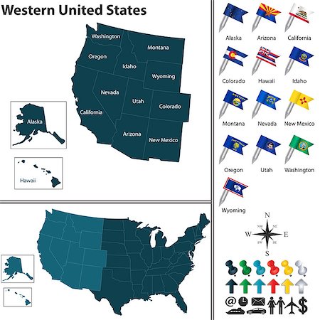 simsearch:400-08343837,k - Vector set of Western United States with flags and map on white background Foto de stock - Super Valor sin royalties y Suscripción, Código: 400-08675534