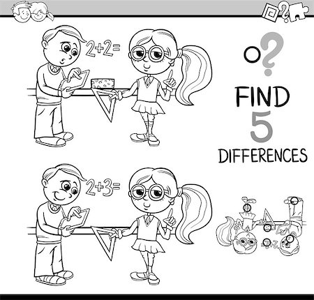 simsearch:400-08551227,k - Black and White Cartoon Illustration of Finding Differences Educational Activity Task with School Kids for Coloring Book Stock Photo - Budget Royalty-Free & Subscription, Code: 400-08675615