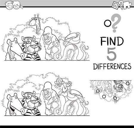 simsearch:400-08551227,k - Black and White Cartoon Illustration of Finding Differences Educational Activity Task for Preschool Children with Wild Animal Characters for Coloring Book Stock Photo - Budget Royalty-Free & Subscription, Code: 400-08675617