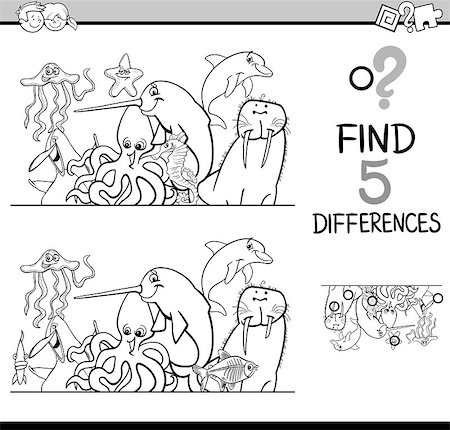 simsearch:400-08916719,k - Black and White Cartoon Illustration of Finding Differences Educational Activity Task for Preschool Children with Sea Life Animal Characters for Coloring Book Stock Photo - Budget Royalty-Free & Subscription, Code: 400-08675619