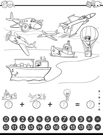 simsearch:400-08965109,k - Black and White Cartoon Illustration of Educational Mathematical Counting and Addition Activity Task for Children with Planes and Ships for Coloring Book Stock Photo - Budget Royalty-Free & Subscription, Code: 400-08676700