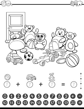 simsearch:400-08965109,k - Black and White Cartoon Illustration of Educational Mathematical Counting and Addition Activity Task for Children with Toys for Coloring Book Stock Photo - Budget Royalty-Free & Subscription, Code: 400-08676702