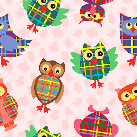 Likable colourful checkered owls on the pink background with many stylized simple owls, seamless vector pattern Photographie de stock - Aubaine LD & Abonnement, Code: 400-08676797