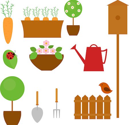 simsearch:400-07289214,k - Gardening icon set with carrot, tree, flower and shovel isolated on white Foto de stock - Super Valor sin royalties y Suscripción, Código: 400-08676870