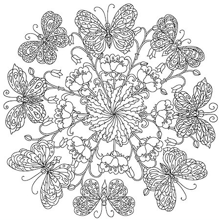 designs for background black and white colors - mandala shape flowers and butterfly for adult coloring book in zen art therapy style for anti stress drawing. Hand-drawn, retro, doodle, vector, mandala style, for coloring book or poster design. Stock Photo - Budget Royalty-Free & Subscription, Code: 400-08677064