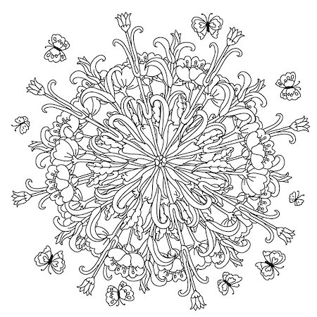 designs for background black and white colors - mandala shape flowers and butterfly for adult coloring book in zen art therapy style for anti stress drawing. Hand-drawn, retro, doodle, vector, mandala style, for coloring book or poster design. Stock Photo - Budget Royalty-Free & Subscription, Code: 400-08677065