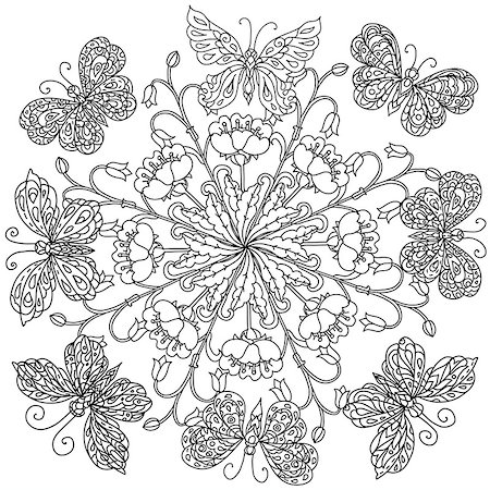 designs for background black and white colors - mandala shape flowers and butterfly for adult coloring book in zen art therapy style for anti stress drawing. Hand-drawn, retro, doodle, vector, mandala style, for coloring book or poster design. Stock Photo - Budget Royalty-Free & Subscription, Code: 400-08677066