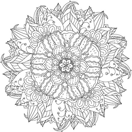 designs for background black and white colors - contoured mandala shape flowers for adult coloring book in zen art therapy style for anti stress drawing. Hand-drawn, retro, doodle, vector, mandala style, for coloring book or poster design. Stock Photo - Budget Royalty-Free & Subscription, Code: 400-08677067