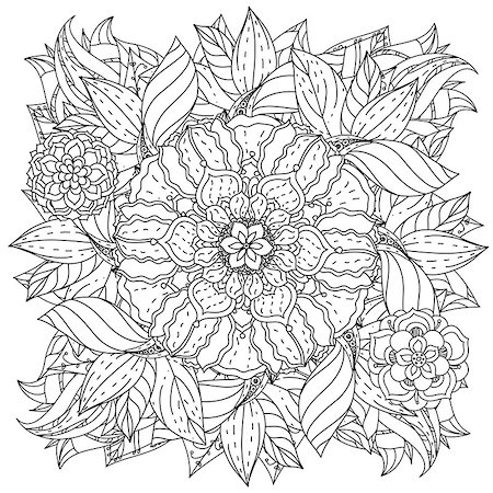 designs for background black and white colors - contoured mandala shape flowers for adult coloring book in zen art therapy style for anti stress drawing. Hand-drawn, retro, doodle, vector, mandala style, for coloring book or poster design. Stock Photo - Budget Royalty-Free & Subscription, Code: 400-08677068