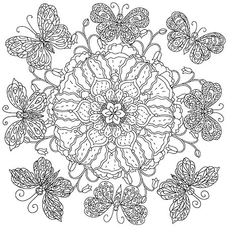 designs for background black and white colors - contoured mandala shape flowers for adult coloring book in zen art therapy style for anti stress drawing. Hand-drawn, retro, doodle, vector, mandala style, for coloring book or poster design. Stock Photo - Budget Royalty-Free & Subscription, Code: 400-08677069