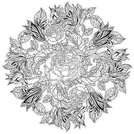 flowers sketch for coloring - mandala shaped contoured flowers, leaves. black and white, for coloring book or poster colouring book style luxury roses in zenart style, could be used for Adult colouring book. Stock Photo - Budget Royalty-Free & Subscription, Code: 400-08677061