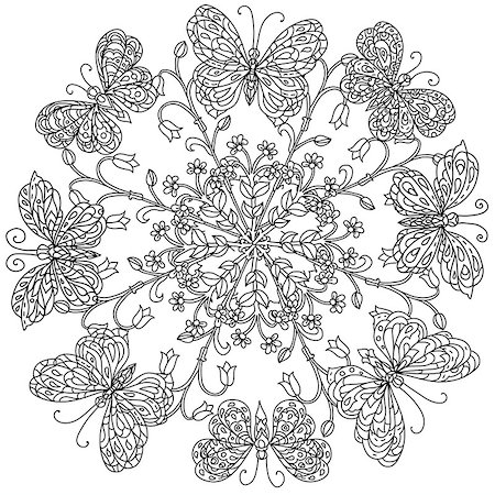 designs for background black and white colors - mandala shape flowers and butterfly for adult coloring book in zen art therapy style for anti stress drawing. Hand-drawn, retro, doodle, vector, mandala style, for coloring book or poster design. Stock Photo - Budget Royalty-Free & Subscription, Code: 400-08677063
