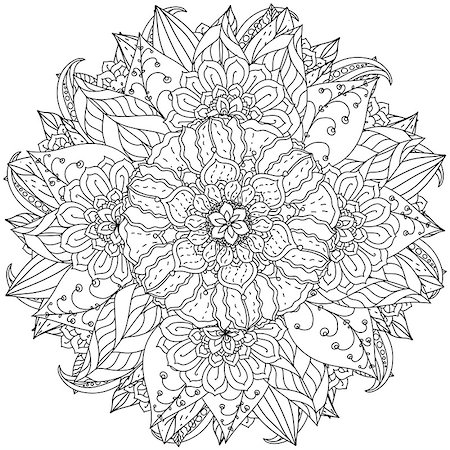 designs for background black and white colors - contoured mandala shape flowers for adult coloring book in zen art therapy style for anti stress drawing. Hand-drawn, retro, doodle, vector, mandala style, for coloring book or poster design. Stock Photo - Budget Royalty-Free & Subscription, Code: 400-08677070