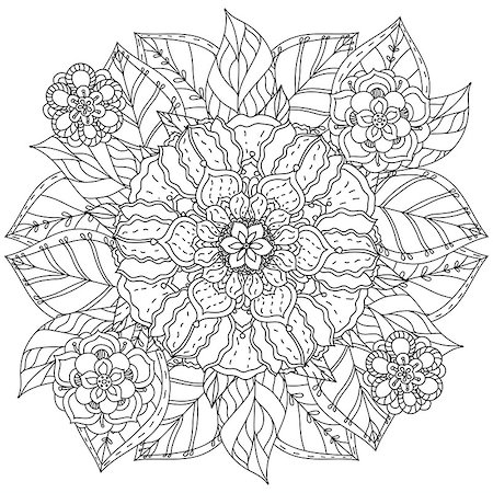 designs for background black and white colors - contoured mandala shape flowers for adult coloring book in zen art therapy style for anti stress drawing. Hand-drawn, retro, doodle, vector, mandala style, for coloring book or poster design. Stock Photo - Budget Royalty-Free & Subscription, Code: 400-08677071