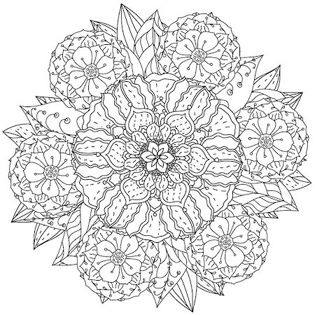 designs for background black and white colors - contoured mandala shape flowers for adult coloring book in zen art therapy style for anti stress drawing. Hand-drawn, retro, doodle, vector, mandala style, for coloring book or poster design. Stock Photo - Budget Royalty-Free & Subscription, Code: 400-08677072