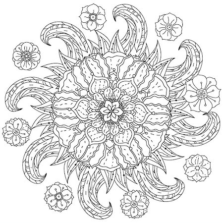 designs for background black and white colors - contoured mandala shape flowers for adult coloring book in zen art therapy style for anti stress drawing. Hand-drawn, retro, doodle, vector, mandala style, for coloring book or poster design. Stock Photo - Budget Royalty-Free & Subscription, Code: 400-08677174