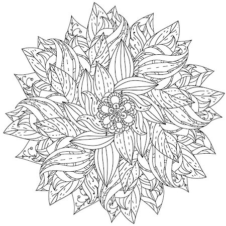 designs for background black and white colors - contoured mandala shape flowers for adult coloring book in zen art therapy style for anti stress drawing. Hand-drawn, retro, doodle, vector, mandala style, for coloring book or poster design. Stock Photo - Budget Royalty-Free & Subscription, Code: 400-08677175