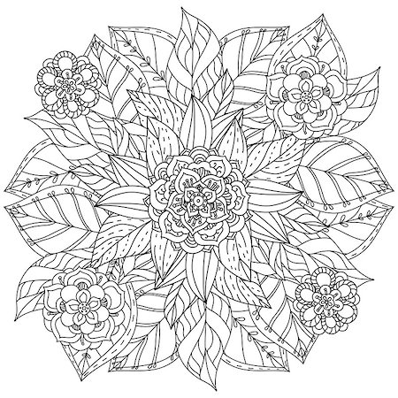 designs for background black and white colors - contoured mandala shape flowers for adult coloring book in zen art therapy style for anti stress drawing. Hand-drawn, retro, doodle, vector, mandala style, for coloring book or poster design. Stock Photo - Budget Royalty-Free & Subscription, Code: 400-08677176