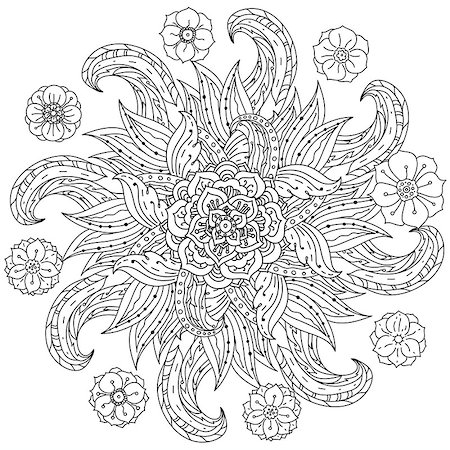 designs for background black and white colors - contoured mandala shape flowers for adult coloring book in zen art therapy style for anti stress drawing. Hand-drawn, retro, doodle, vector, mandala style, for coloring book or poster design. Stock Photo - Budget Royalty-Free & Subscription, Code: 400-08677177