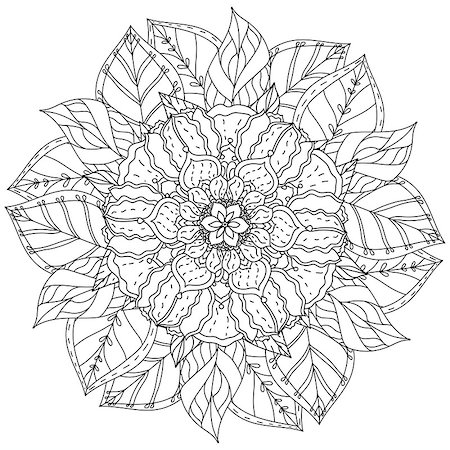 designs for background black and white colors - contoured mandala shape flowers for adult coloring book in zen art therapy style for anti stress drawing. Hand-drawn, retro, doodle, vector, mandala style, for coloring book or poster design. Stock Photo - Budget Royalty-Free & Subscription, Code: 400-08677172